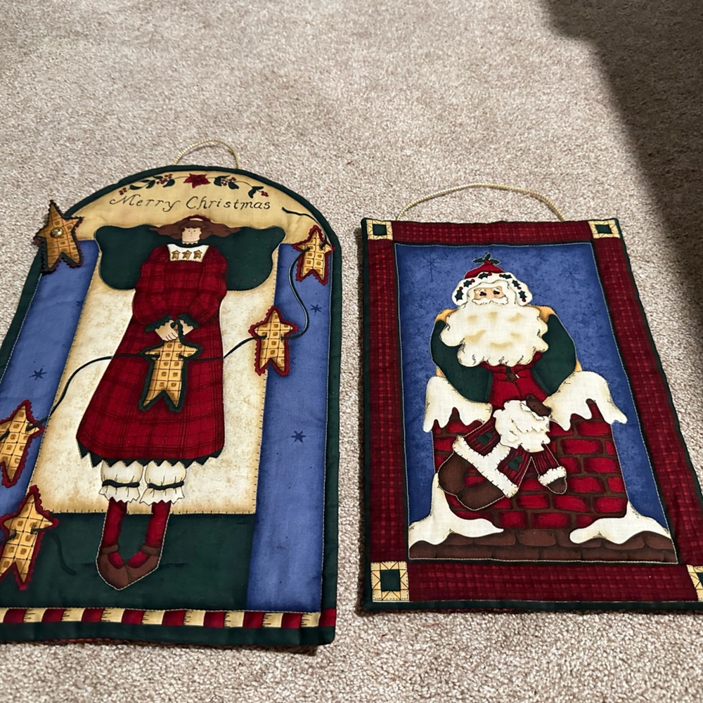 Set Of 2 Fabric Wall Hangings - Angel 11x18 And Santa 14x9.5